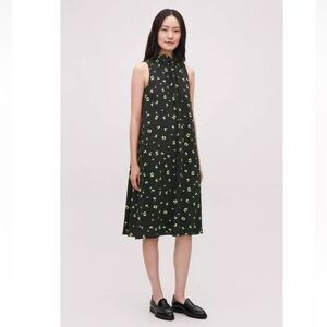 COS Frill Neck A-line Printed Dress Womens Black Sleeveless Swing Floral Print 4